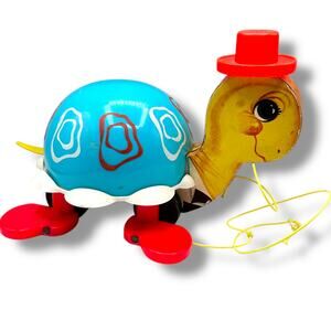 Vintage 1962 Fisher Price Tag Along Turtle Pull Toy Top Hat Dapper